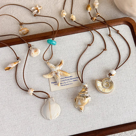 Starfish, Nautilus and Conch Wax Rope Clavicle Necklace