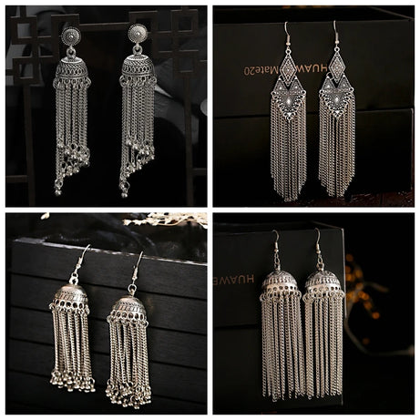 Silver Chain Tassel Bell Long Earrings Jewelry