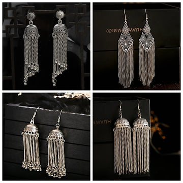 Ethnic Silver Color Long Metal Chain Tassel Earrings Female Retro Round Bell Dangle Earrings Boho Geometric Piercing Ear Jewelry