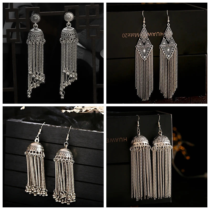 Ethnic Silver Color Long Metal Chain Tassel Earrings Female Retro Round Bell Dangle Earrings Boho Geometric Piercing Ear Jewelry