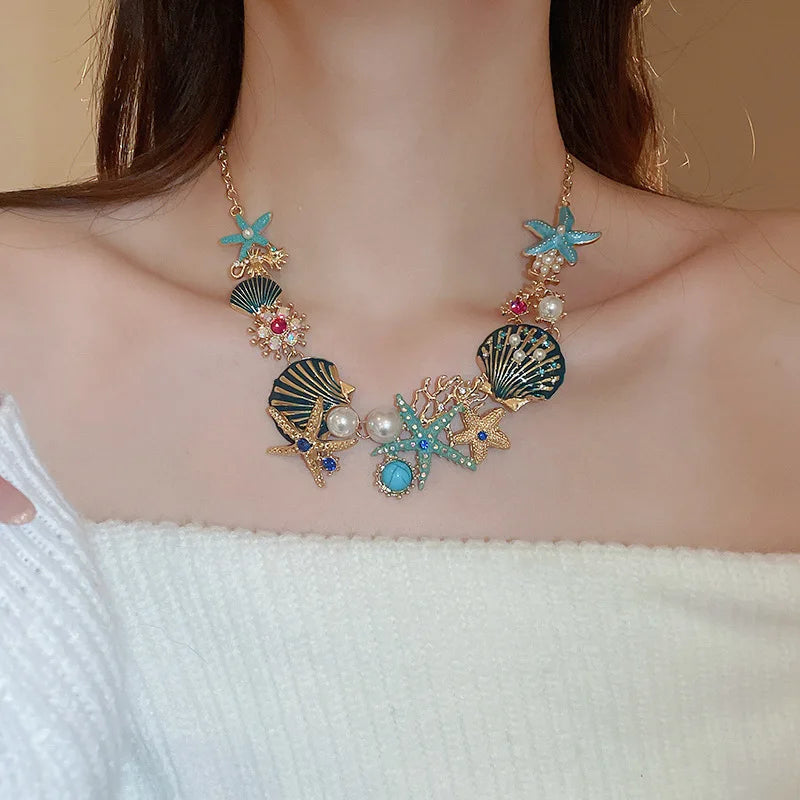 Unique Design Star Shell Coral Rhinestone Chain Necklace Women Personality Versatile Dropping Necklaces Boho Jewelry Travel  H