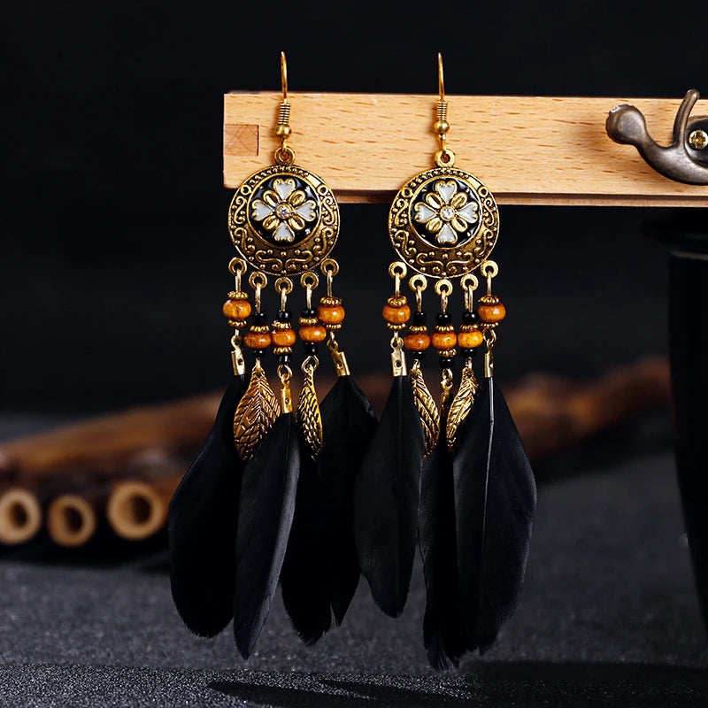 Bohemian Vintage Jewelry For Women Trendy Carved Leaf Feather Tassel Long Earrings Boho Flower Beads Handmade Wedding Earrings