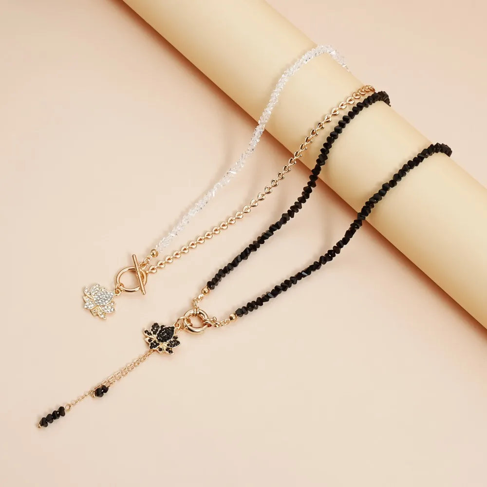 Fashion Temperament Rhinestone Lotus Tassel Pendant Irregular Black Triangular Crystal Beaded Necklace for Women Jewelry Gifts