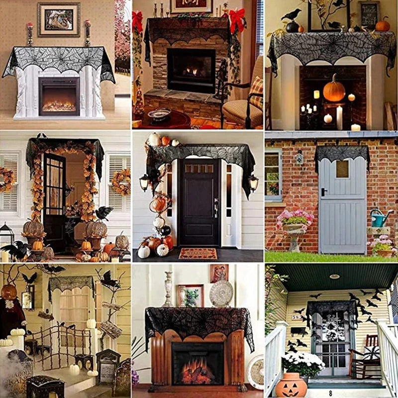 Halloween Bat Table Runner Black Spider Web Lace Tablecloth Fireplace Curtain for Halloween Party Home Decoration Horror Props - Charlie Dolly