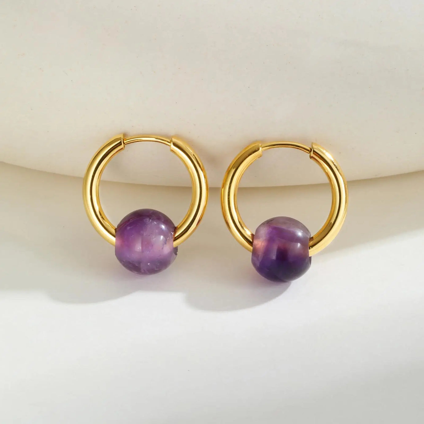 Natural Amethyst Beaded Hoop Earrings, Gold-Plated Stainless Steel Waterproof Jewelry
