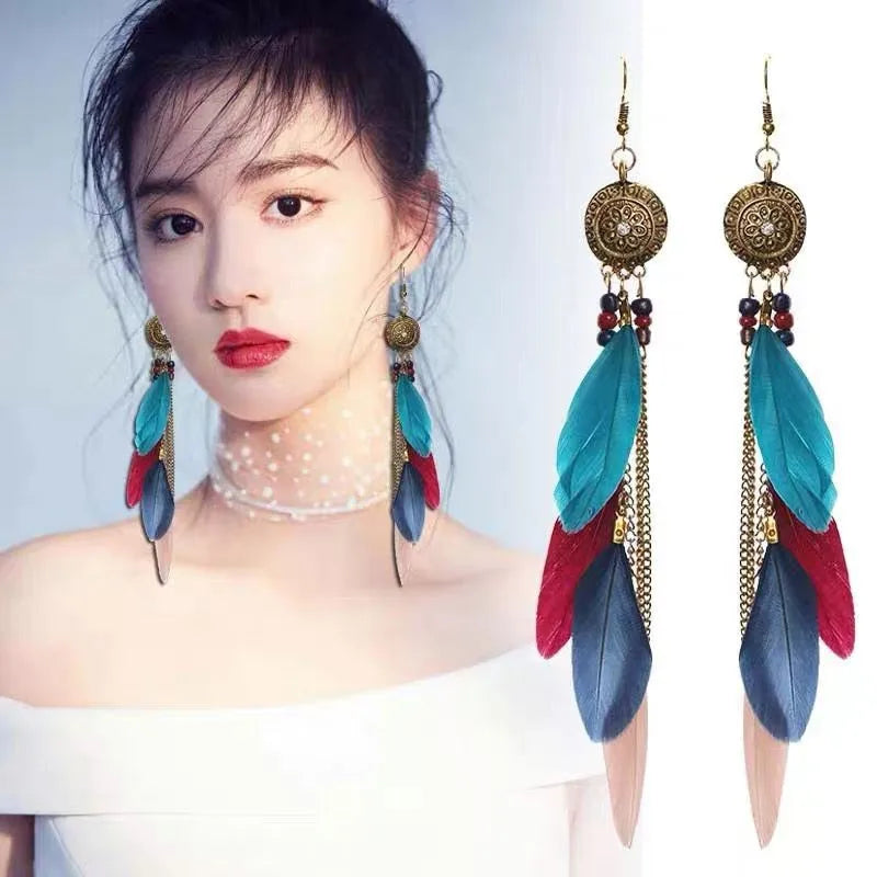 Trendy Bohemian Long Feather Drop Dangle Earrings For Women Crystal Flower Beads Handmade Wedding Vacation Boho Earrings Jewelry