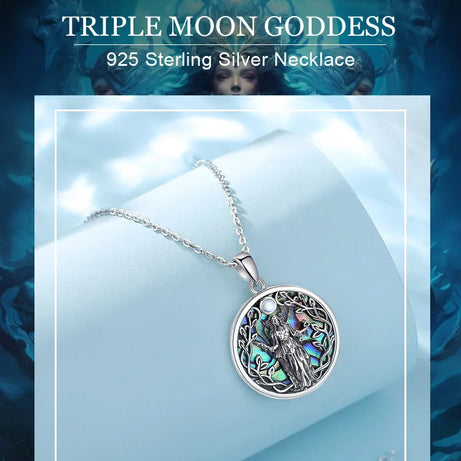 S925 Sterling Silver Triple Moon Goddess Pendant Necklace, Hecate Natural Abalone Amulet