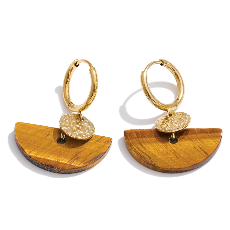 Natural Stone Fan Drop Hoop Earrings, Tiger Eye Agate French Stainless Steel Jewelry