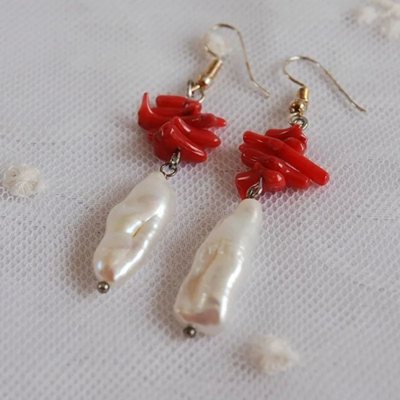 Handmade Coral Red Drop Earrings with Freshwater Pearl Lapis Lazuli Stone Women Jewelry