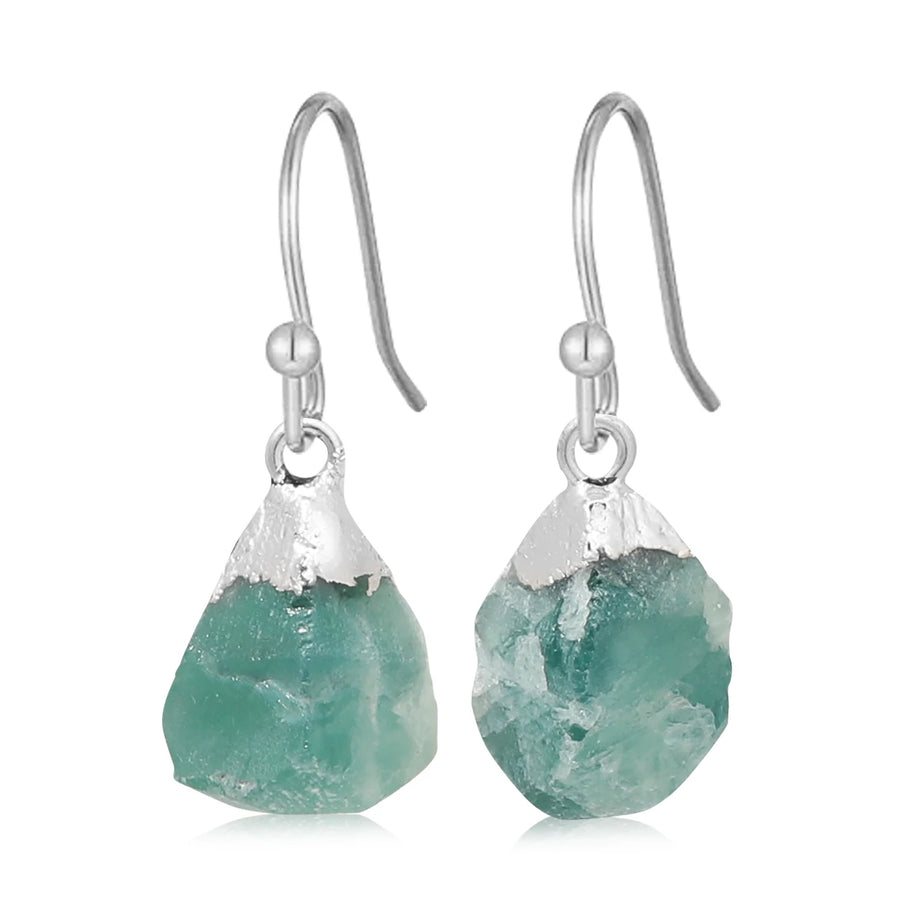 Raw Ore Natural Stone Hook Earrings, Fluorite Amethyst Quartz Healing Crystal Jewelry