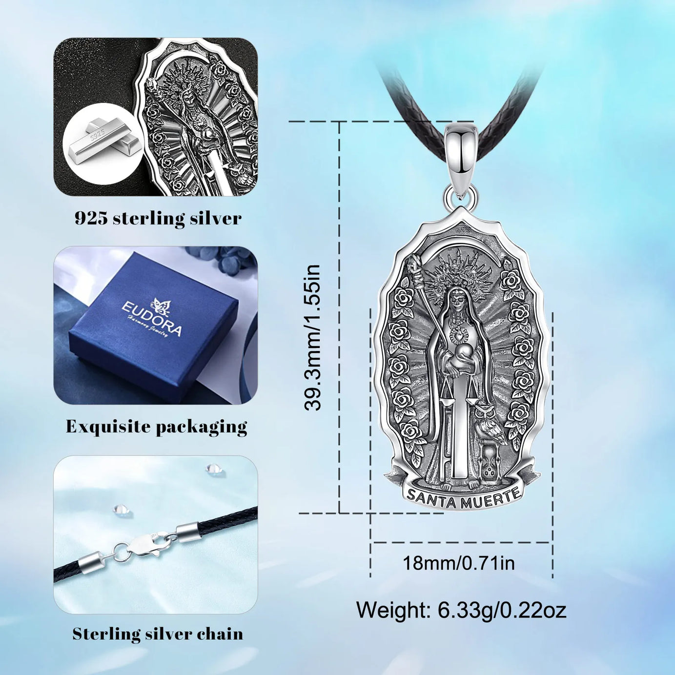 S925 Sterling Silver Santa Muerte Pendant Necklace, Holy Death Mexican Devotional Amulet