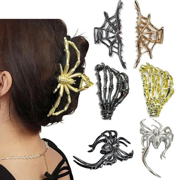 New 2023 Halloween Spider Skeleton Hair Claw Clips for Women Jewelry Accessories Black Silver Gold Large Barrette Party Headwear