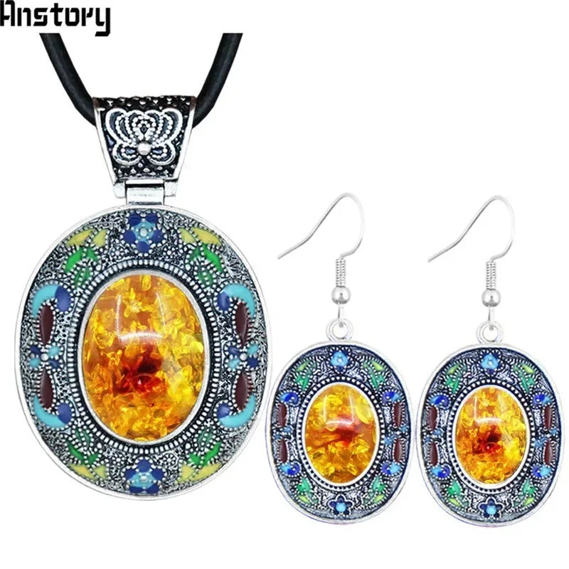 Vintage Oval Lapis Lazuli Jewelry Sets Natural Tiger Eey Unakite Quartz Necklace Earrings Bohemia Fashion Jewelry TS456