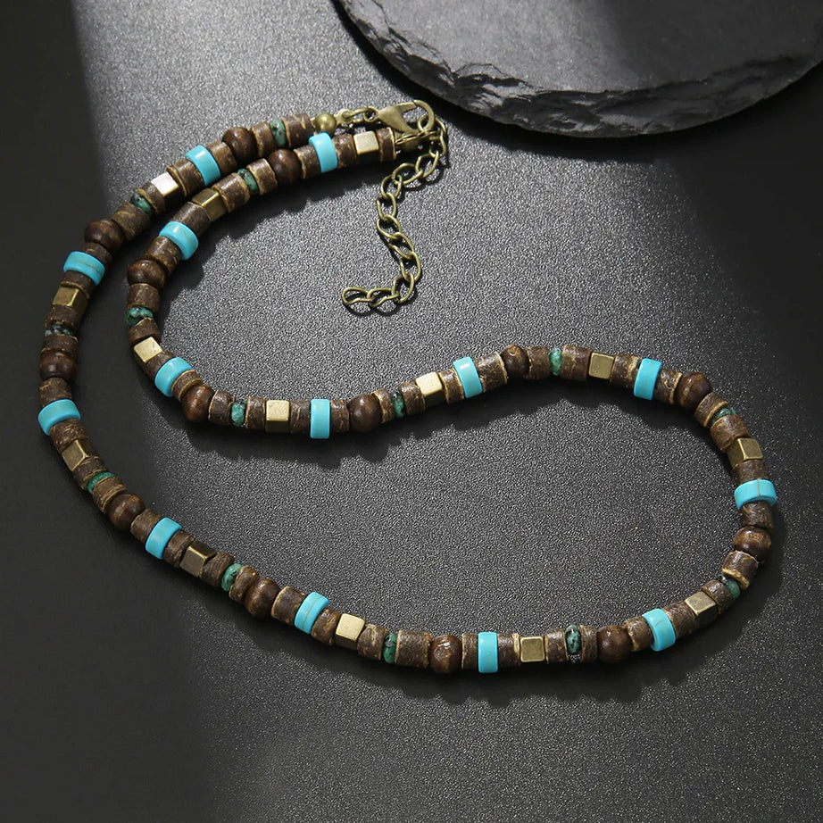 Coconut Shell, Turquoise and Wood Bead Boho Necklace for Men