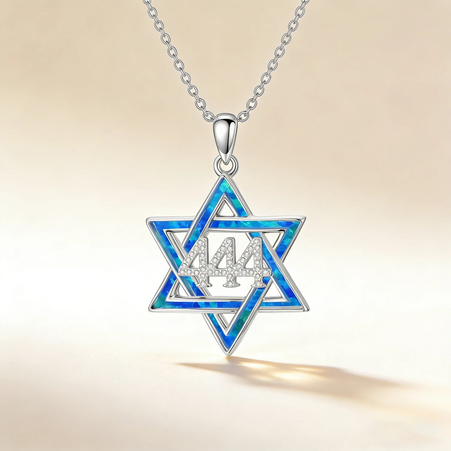 444 Angel Number Star of David Pendant Spiritual Protection Jewelry,Blue Opal Inlay,Cubic Zirconia,Men & Women’s Faith Necklace