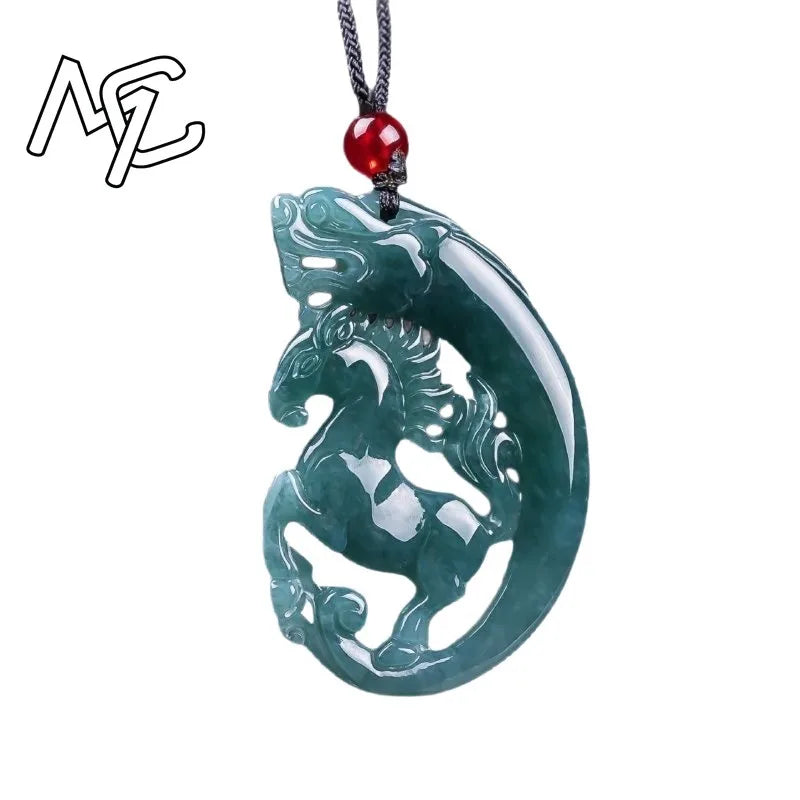 Real Natural Myanmar Emerald Blue Water Jade Hollow-out Horse Card Pendant Necklace Carved Jewelry Fashion Amulet Certificate