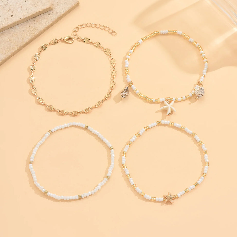 Starfish and Shell Stackable Beaded Anklet Set (4 Pieces)