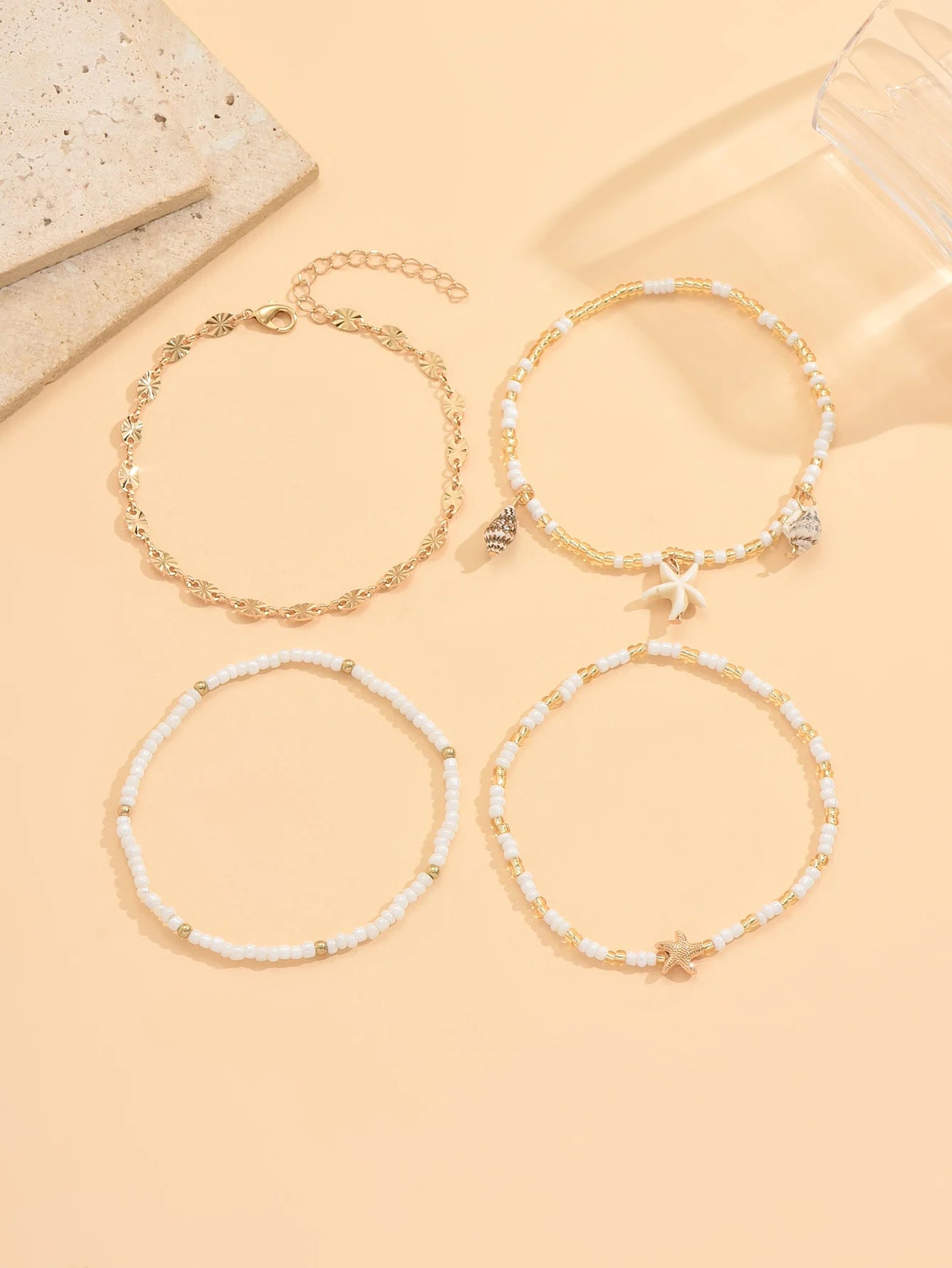 4PCS Layered Stackable Starfish Shell Beaded Anklet Set Dainty Boho Summer Beach Vacation Jewelry for Women