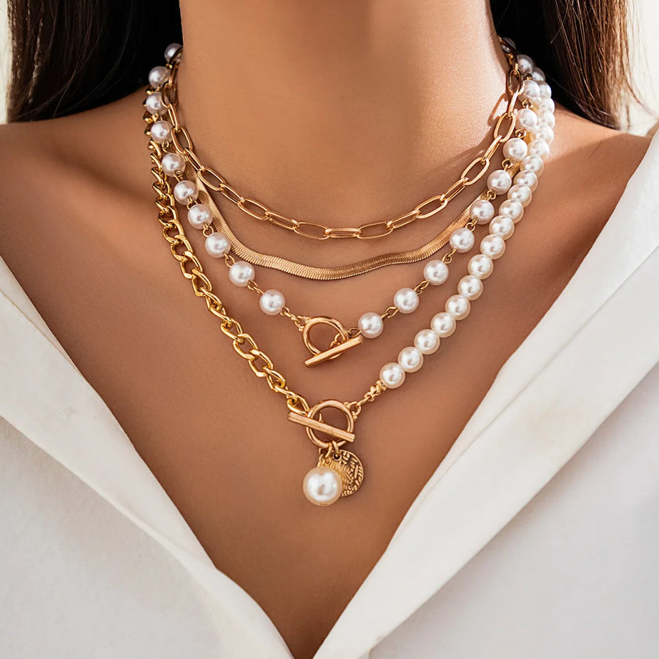 Carved Gold Circle Pearl Layered Necklace Jewelry