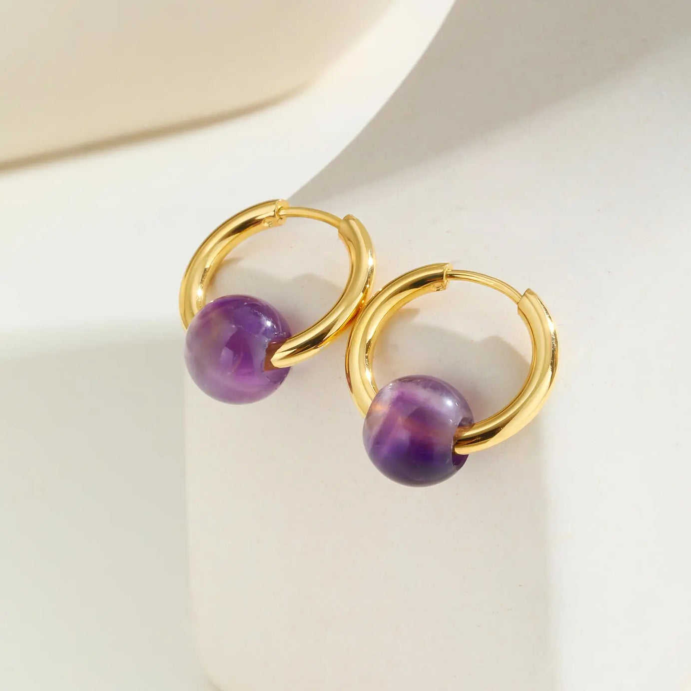 Natural Amethyst Beaded Hoop Earrings, Gold-Plated Stainless Steel Waterproof Jewelry