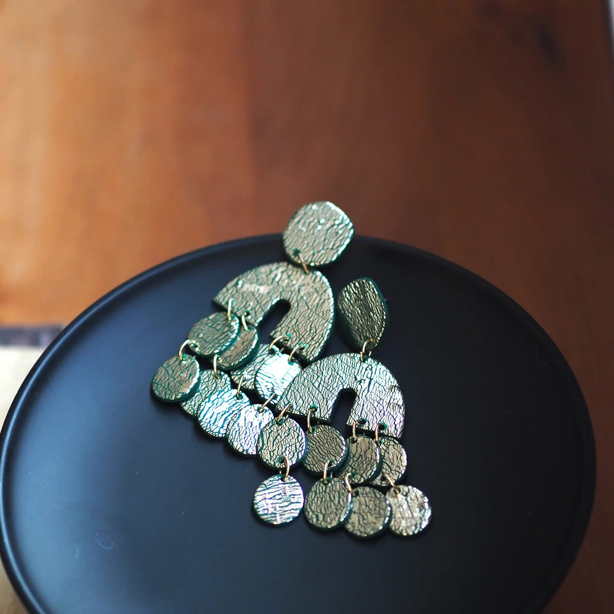 Boho Chic Metalic Textured Polymer Clay Statement Earrings Large Geometric Arch Drop with Round Fringe Aesthetic Jewelry Summer