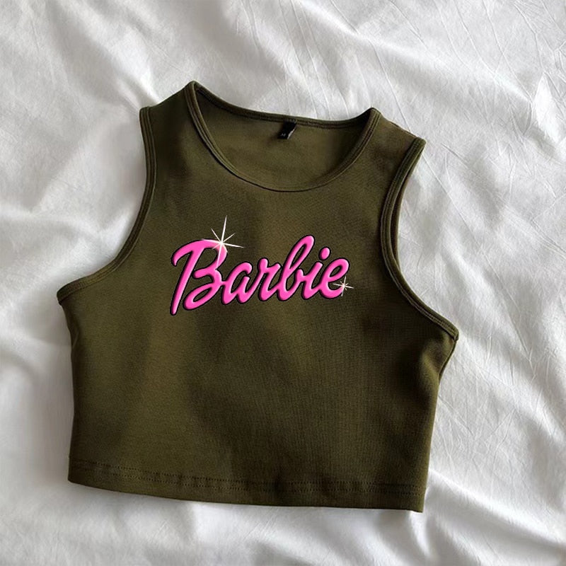 Sexy Barbie Ladies Sleeveless Crop Top Kawaii Cartoon Casual Girls Camisole T-Shirts Vest Y2K Fashion Women Slim Short Tank Tops - Charlie Dolly