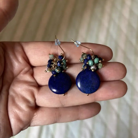 Lapis Lazuli & Turquoise Gemstone Earrings - Elegant Vintage-Inspired, Denim Navy Blue with Golden Accents - Charlie Dolly