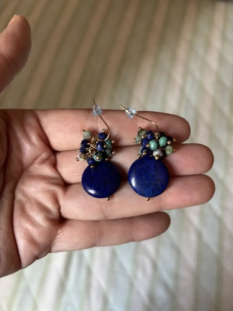 Lapis Lazuli & Turquoise Gemstone Earrings - Elegant Vintage-Inspired, Denim Navy Blue with Golden Accents