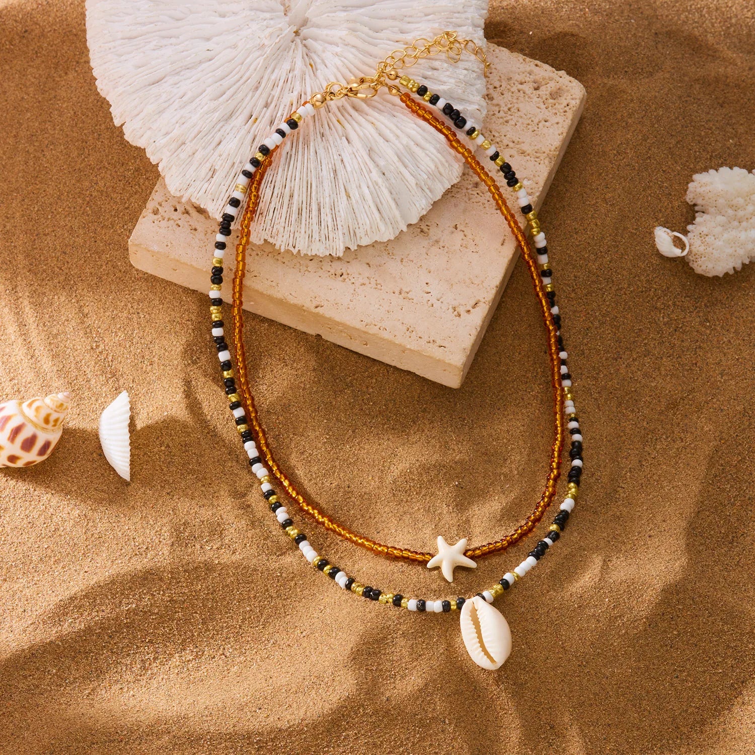 Boho Double Layer Beaded Starfish Shell Turtle Pendant Necklace Women Colorful Beads Clavicle Chain Choker Beach Party Jewelry