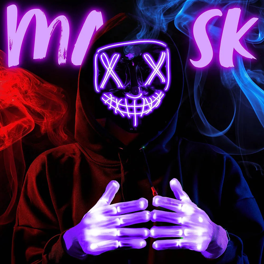 Halloween Mask Skeleton Gloves Set Light Up Scary LED Mask with Glow Anonymous Carnival Costumes glow purge Masks for Boys Girl - Charlie Dolly
