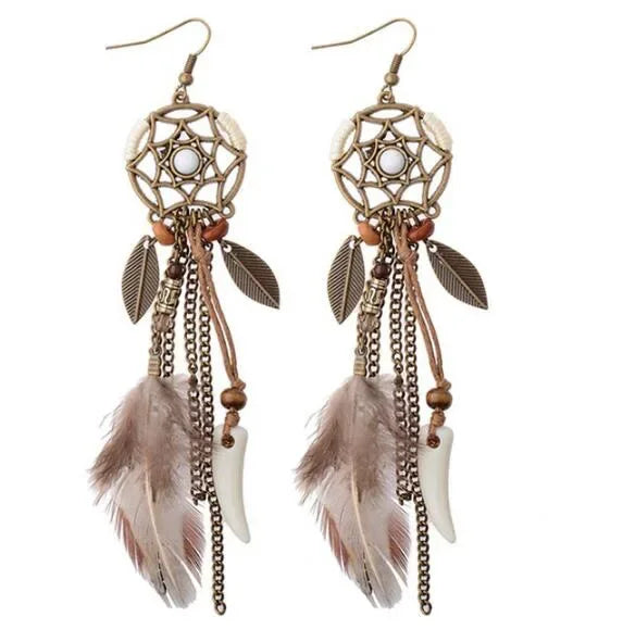 Boho Ethnic Dream Catcher Feather Antique Long Hook Earrings Fancy Handmade Chain Tassle Earring For Women Jewelry