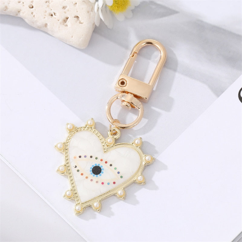 Rainbow Pearl Heart Evil Eye Couple Keychain For Friend Lovers Gift Blue Eye Bag Car Airpods Box Keyring Valentine's Day Jewelry - Charlie Dolly