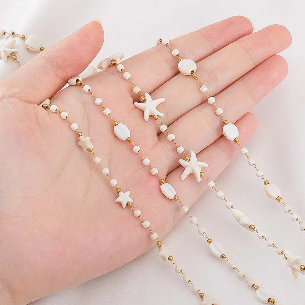 1M Boho Chain Stainless Steel White Natural Stone Starfish Beaded Chain Bracelet Necklace Beach Holiday Jewelry Making Supplies