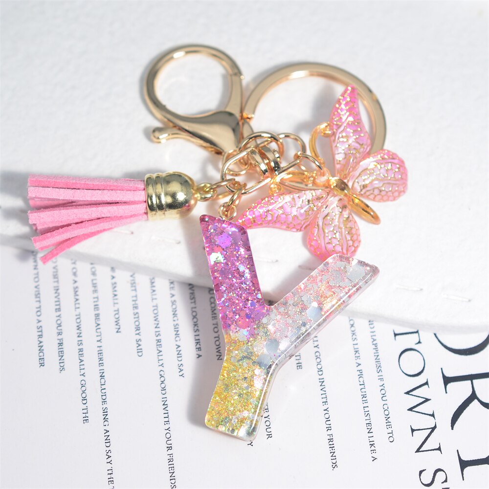 Cute Resin A-Z Initials Letter Keychain Pink Sparkle Butterfly Tassel Pendant Keyring for Women Girl Purse Handbags Jewelry Gift - Charlie Dolly