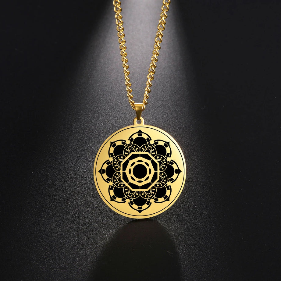Lotus Chakra Mandala Pendant Necklace, Stainless Steel Buddhist Hindu Meditation Amulet