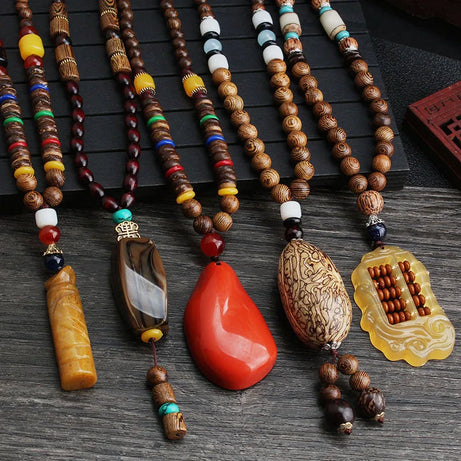 Wood Bead Bodhi Pendant Sweater Chain Necklace Jewelry