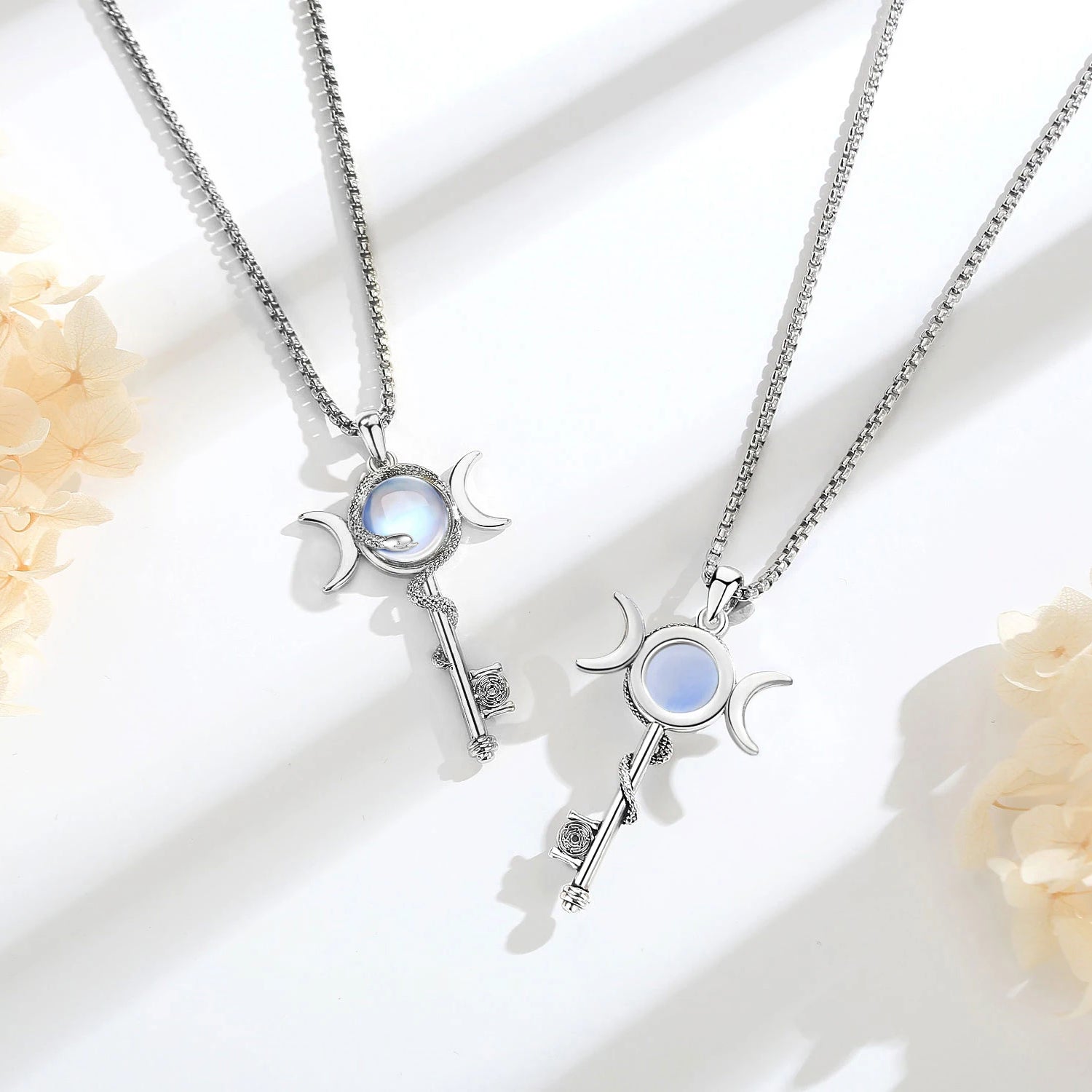 Hecate Key & Triple Moon Goddess Pendant with Moonstone, Sacred Witch Amulet