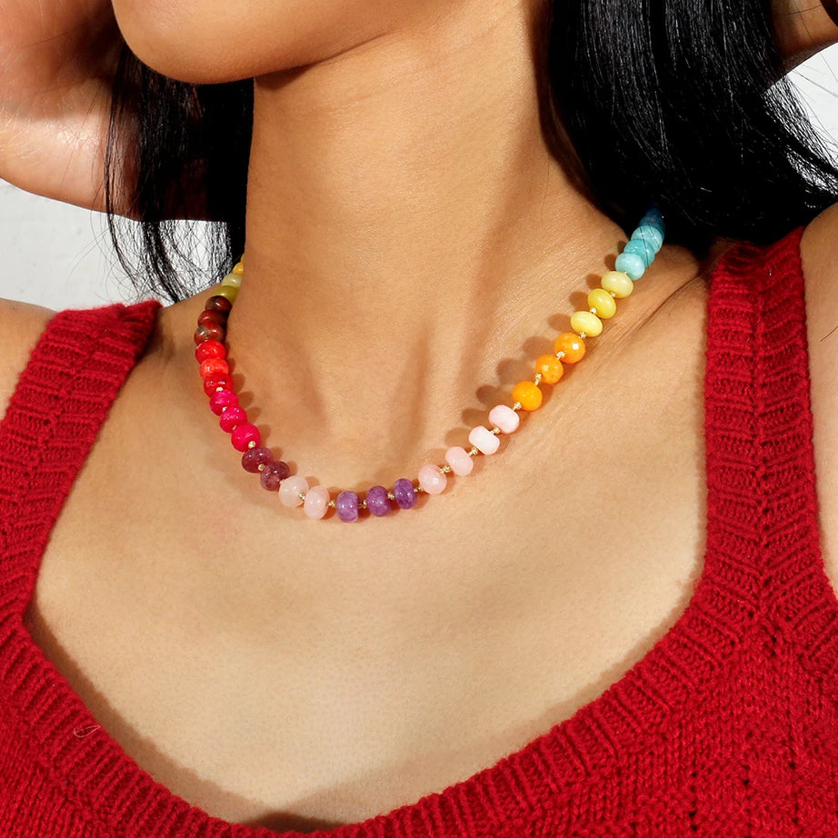 Badu Rainbow Gemstone Beaded Necklace Colorful Natural Stone Choker Necklace Summer Beach Vacation Women's Fashion Boho Jewelry - Charlie Dolly