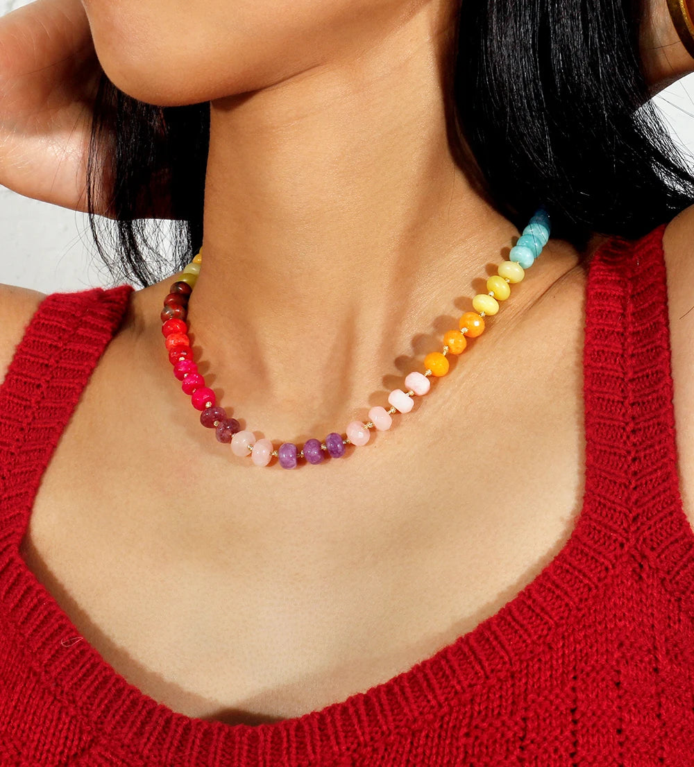 Badu Rainbow Gemstone Beaded Necklace Colorful Natural Stone Choker Necklace Summer Beach Vacation Women's Fashion Boho Jewelry