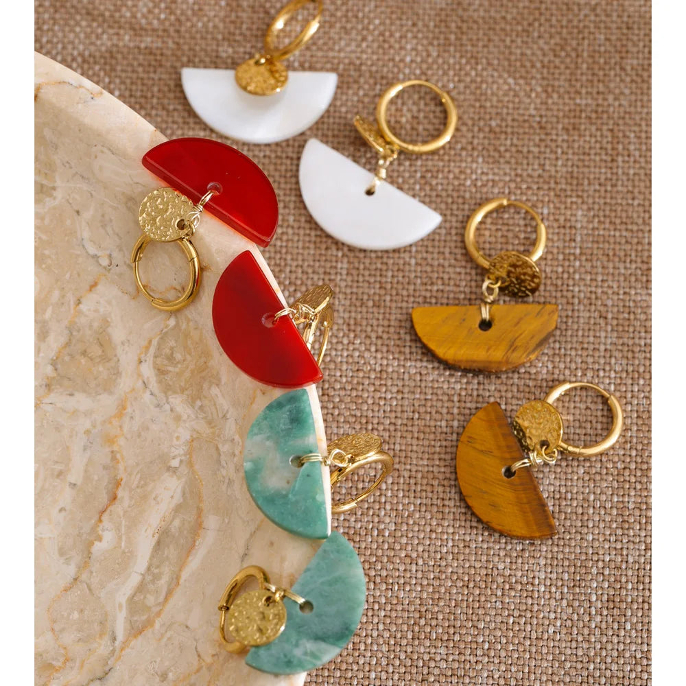 Yhpup Stainless Steel Fan French Drop Hoop Earrings High Quality Natural Tiger Agate Stone 2026 New Arrivals Daily Jewelry Gift