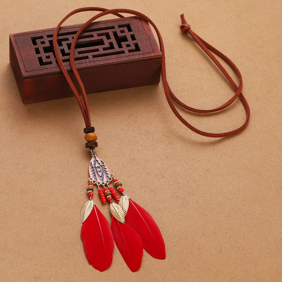 Rope Bead Feather Pendant Long Necklace Jewelry