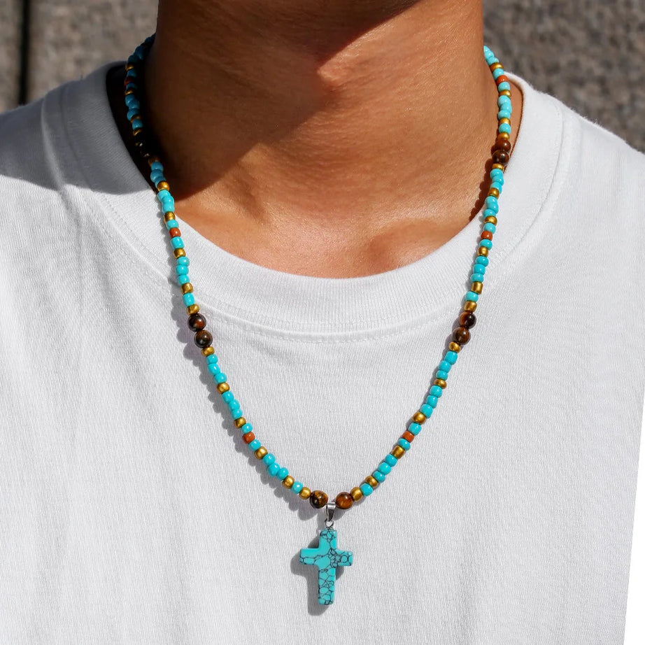 Turquoise Tiger Eye Cross Pendant Necklace Jewelry