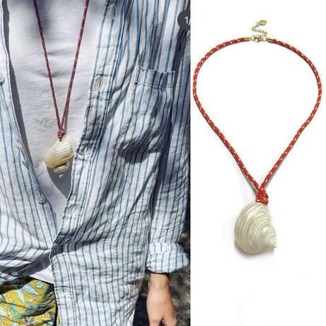 Vacation Conch Shell and Blue Rope Boho Pendant Necklace