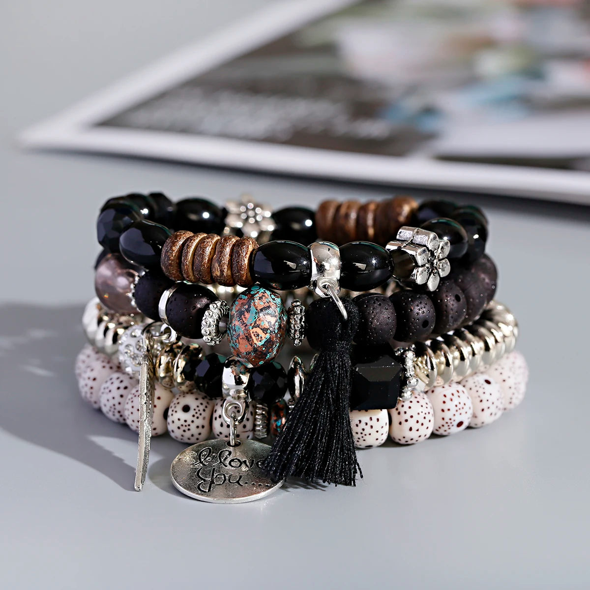 New Bohemian White Beads Tassel Bracelets Set Women Natural Lava Stone Alloy Wing Pendant Charm Bangle Boho Jewelry