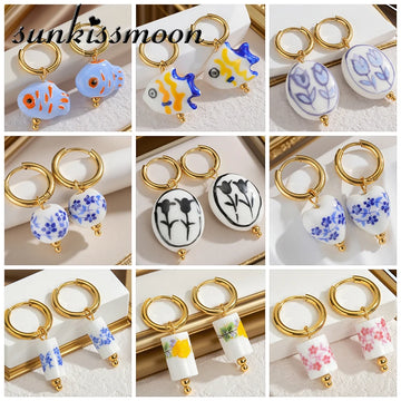 Boho Ceramic Earrings With Handmade Designs Stainless Steel Colorful Fish/Flower Motifs Ear Hoops Trendy Women's Accessories