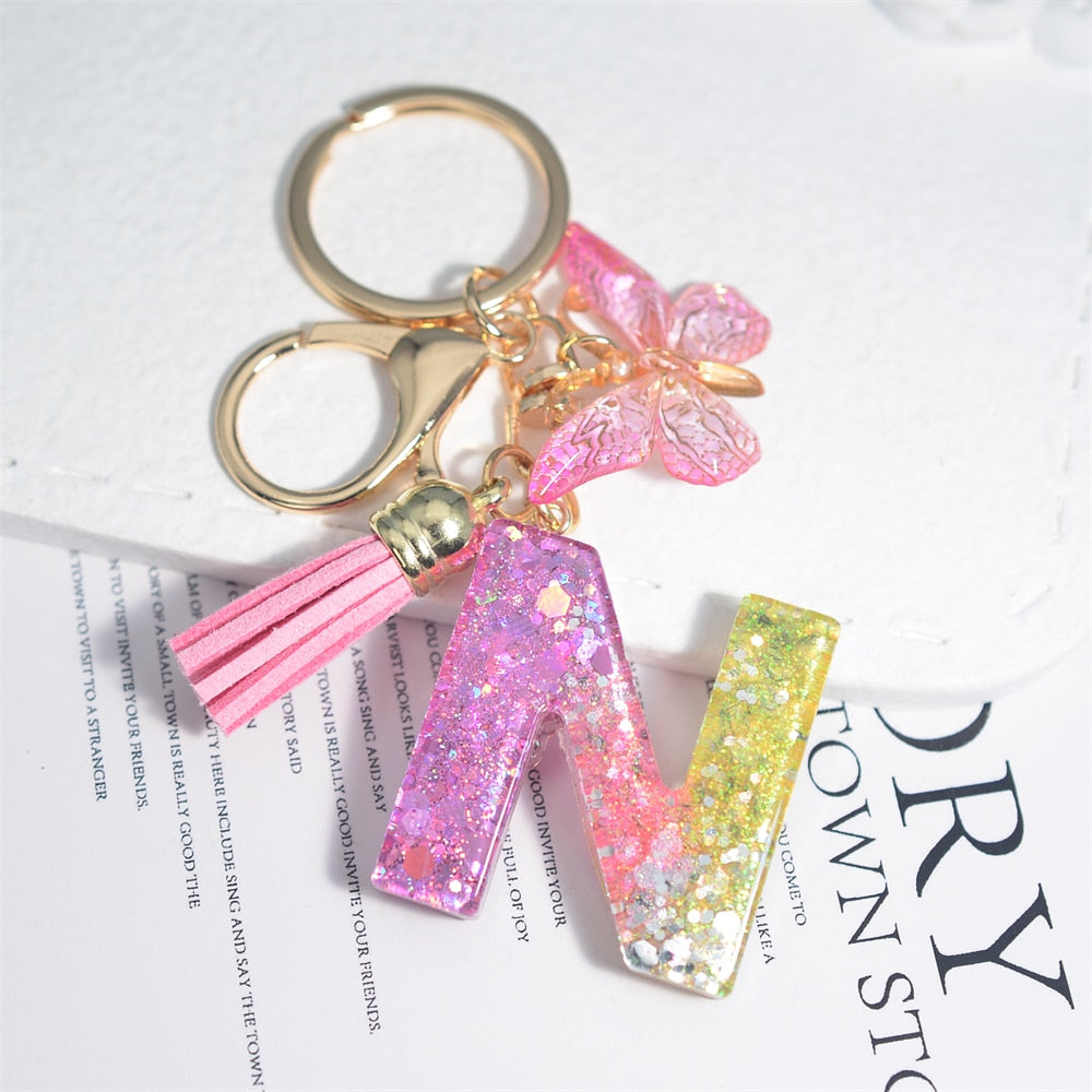 Cute Resin A-Z Initials Letter Keychain Pink Sparkle Butterfly Tassel Pendant Keyring for Women Girl Purse Handbags Jewelry Gift - Charlie Dolly