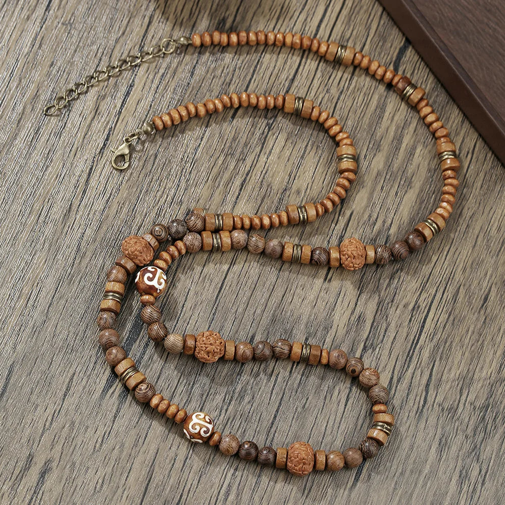Boho Natural Coconut Shell Wooden Beads Necklace Men Handmade Charm Beaded Long Necklace Fashion Buddhist Prayer Yoga Jewelry