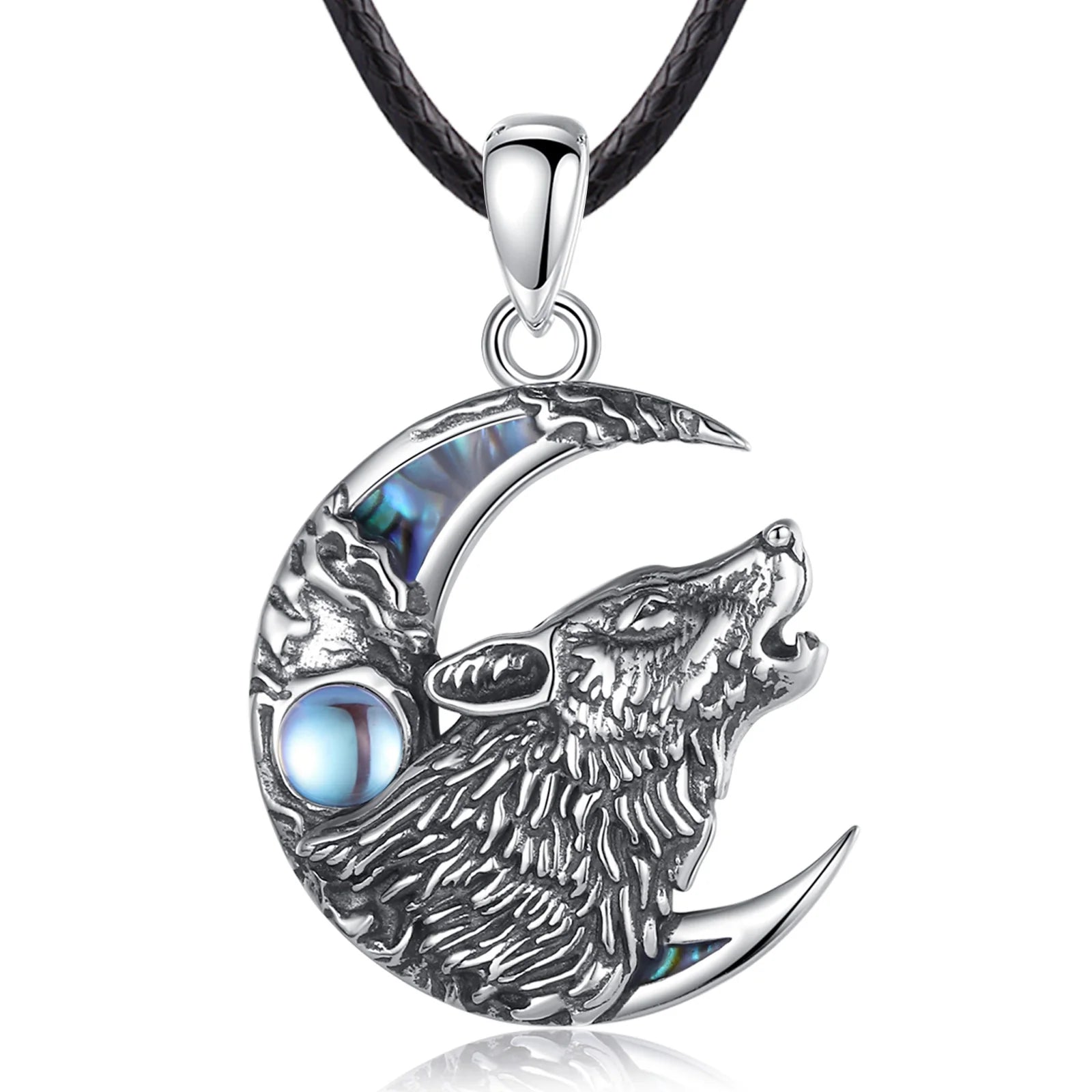 Eudora 925 Sterling Silver Wolf on the Moon Necklace Moonstone Wolf Pendant Animal Series Jewelry for Warriors Men'women Gift