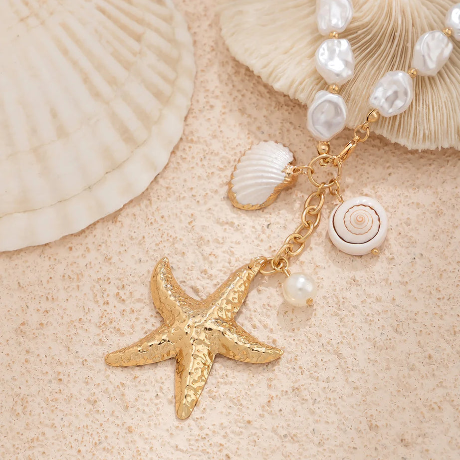 Shell Starfish and Pearl Layered Chain Boho Necklace