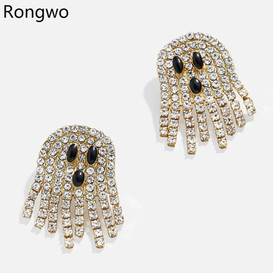 Rongwo Cute Halloween Ghost Stud Earrings Encrusted Crystal Sparkling Quality Jewelry Gift for Women Girls Fashion Earrings